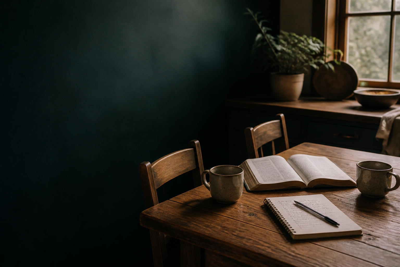 An open Bible, notebook, two mugs, and two chairs at a warm wooden kitchen table in quiet morning light