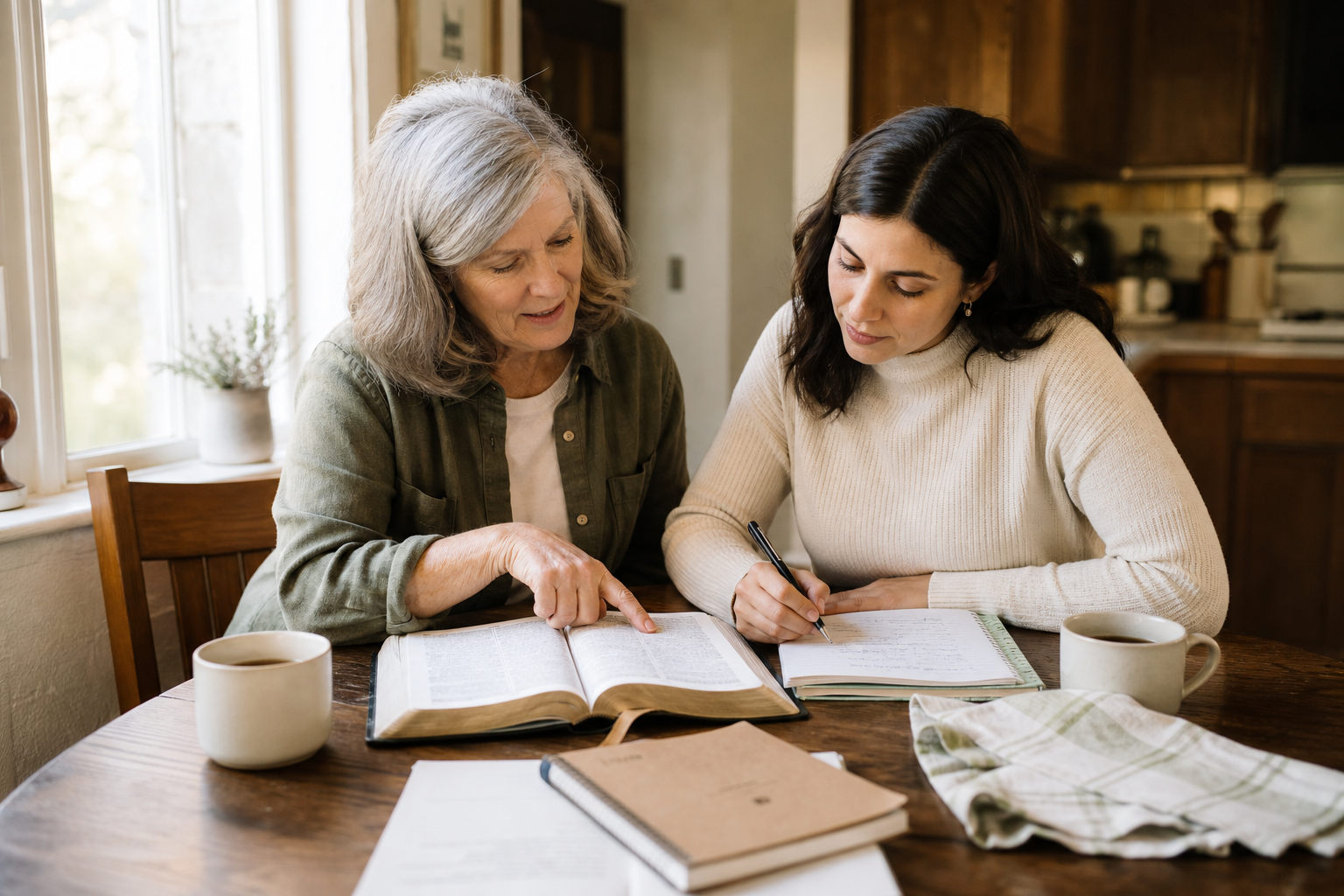 An older and a younger woman studying an open Bible together with notebooks, coffee, and a folded tea towel at a warmly lit kitchen table