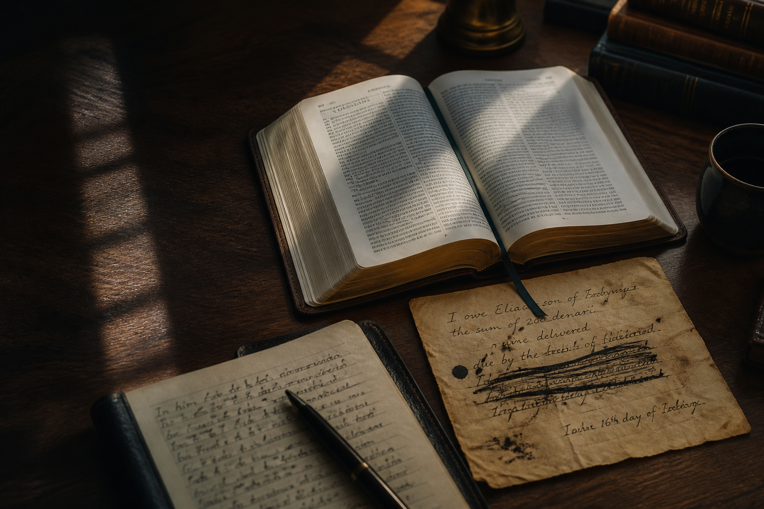 An open Bible at Colossians 2 beside a canceled handwritten debt record and study notes on a warm wooden table, emphasizing forgiveness and careful textual study.