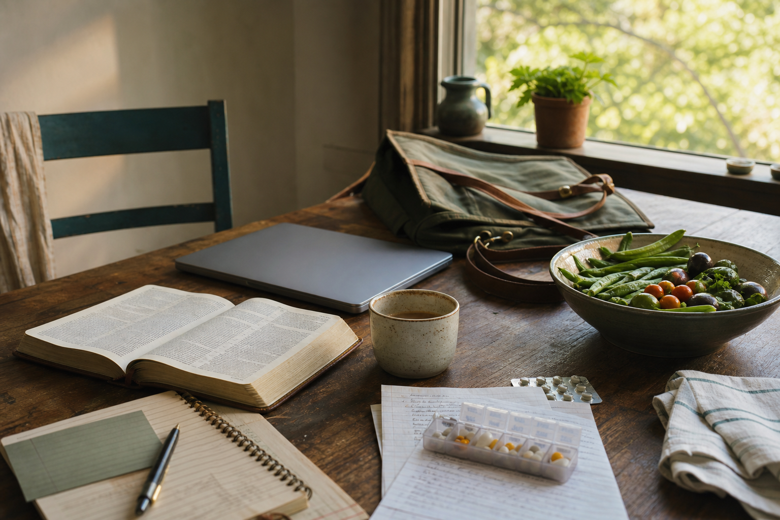 An open Bible beside a work bag, laptop, caregiving notes, medication organizer, coffee, garden produce, and folded linen on a warmly lit table