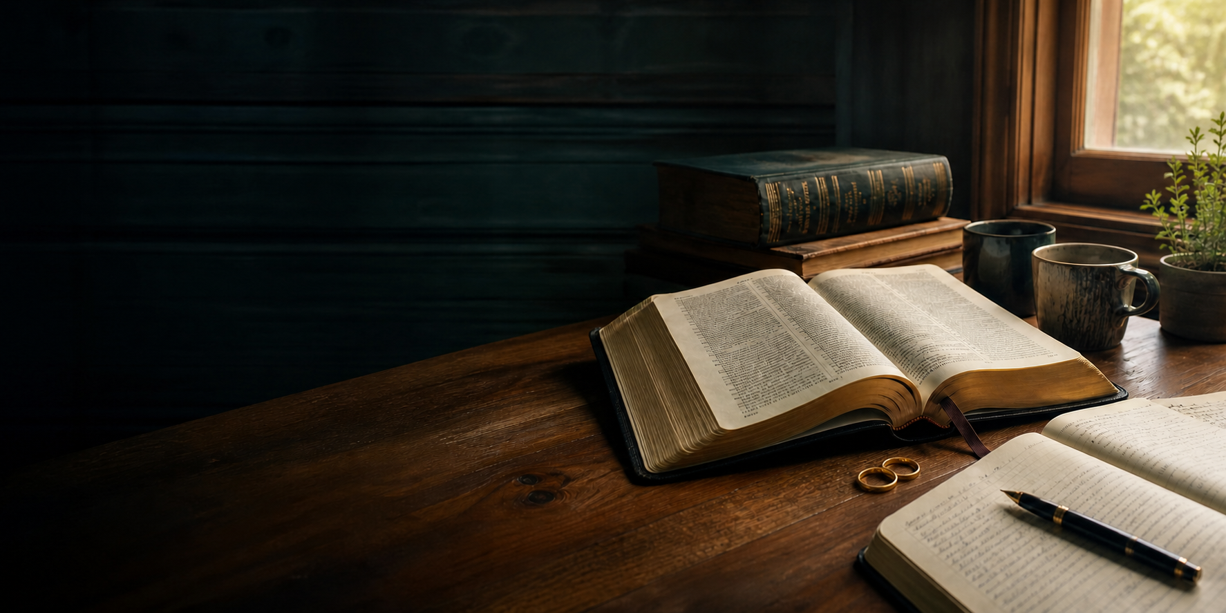 An open Bible, study notes, two coffee cups, and two wedding rings on a warm walnut table by a window