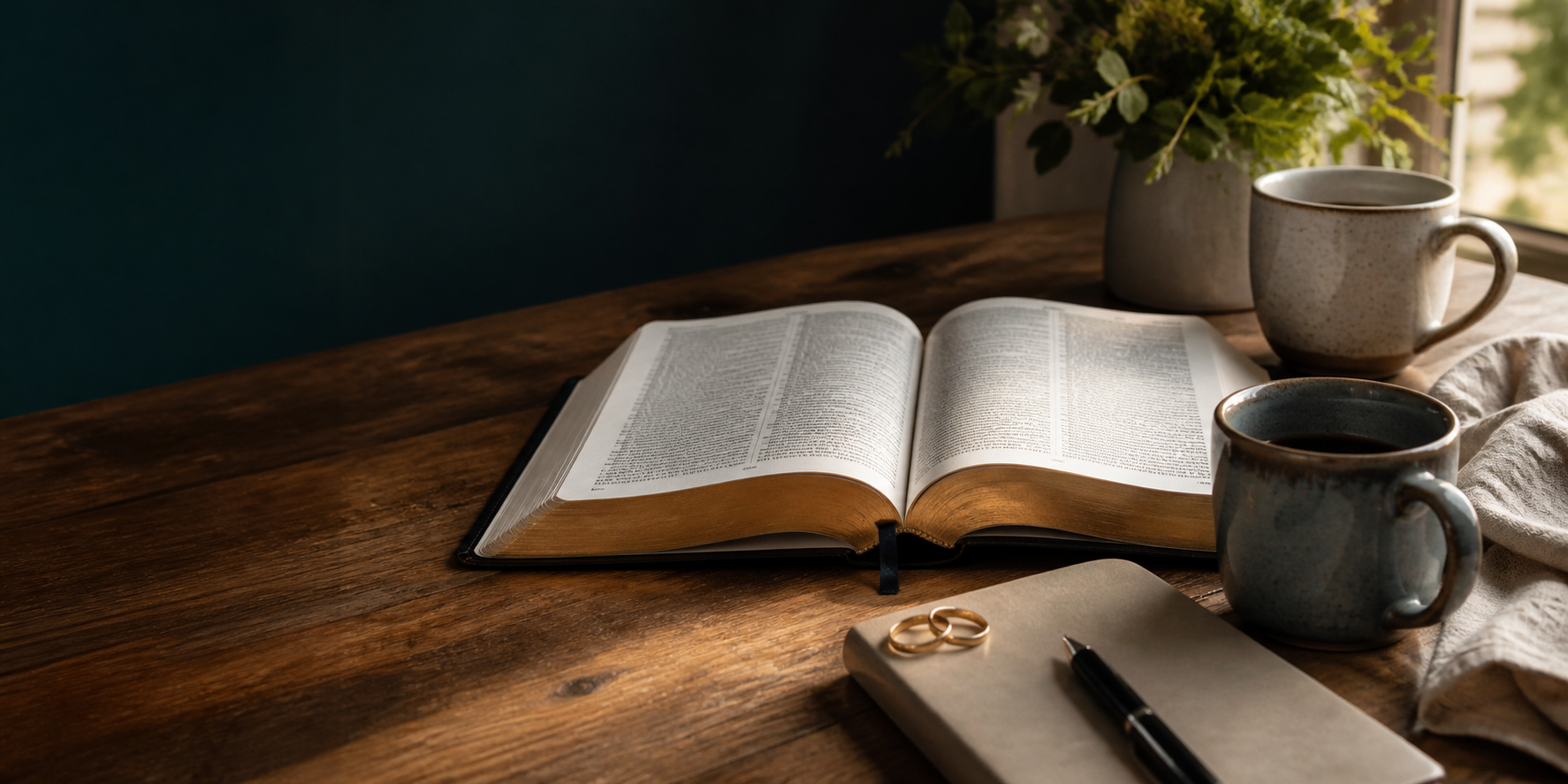 An open Bible, two coffee cups, simple wedding rings, and a notebook on a warm wooden table in golden light