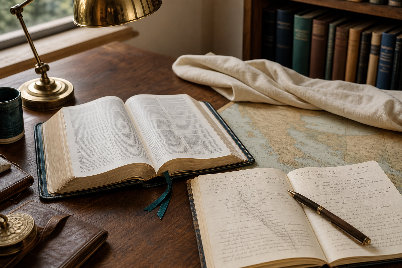 Open Bible at Acts 10 with study notes, a map of Joppa and Caesarea, and folded linen on a warm wooden study table.
