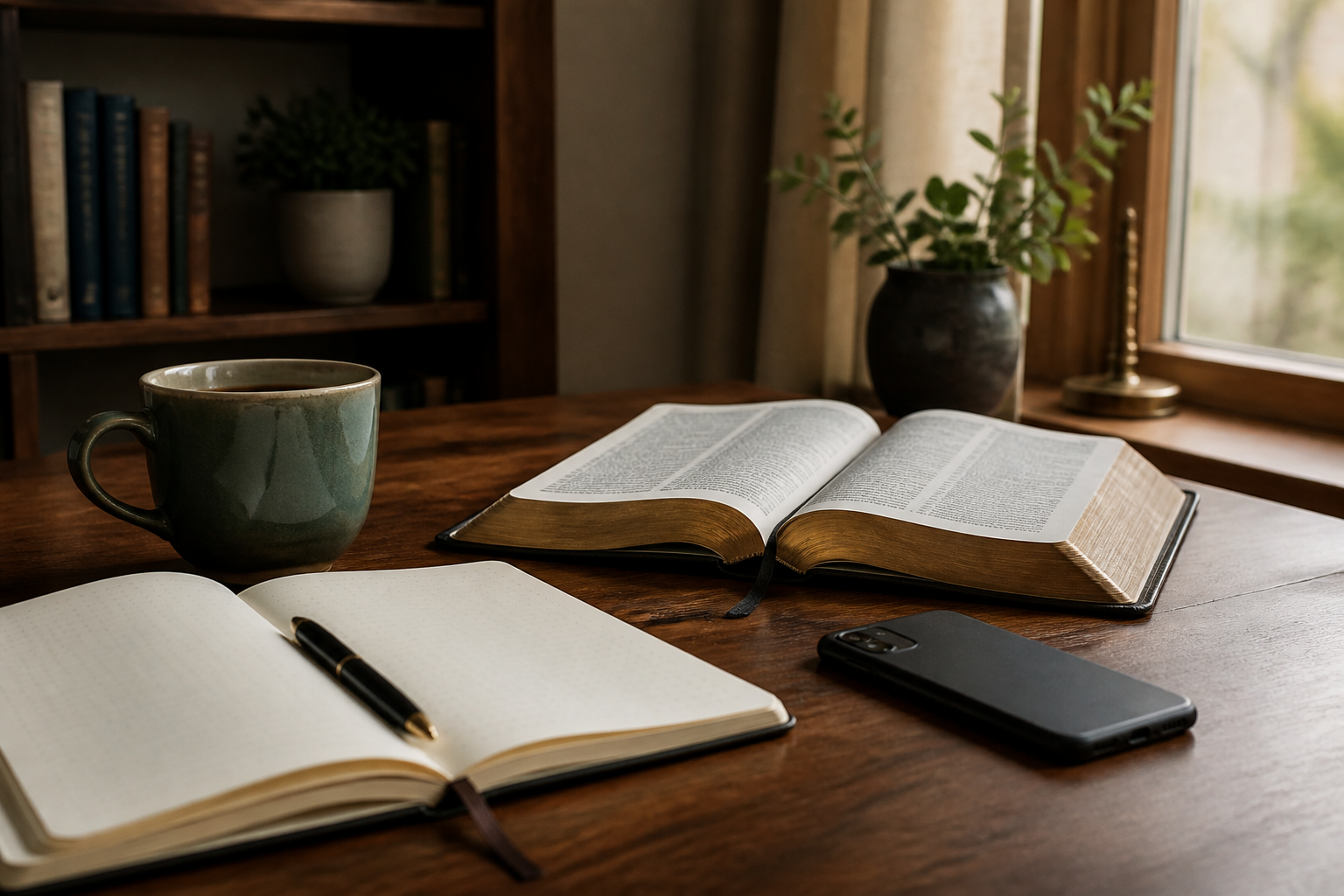 An open Bible, notebook, pen, coffee, and a face-down phone resting on a warm walnut table beside a softly lit window