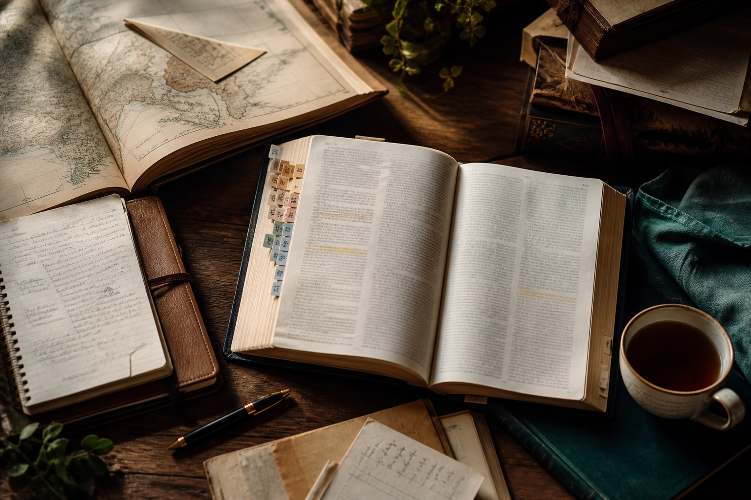 An open Bible with marked passages, study notes, a historical map, books, a pen, and tea on a warmly lit walnut table