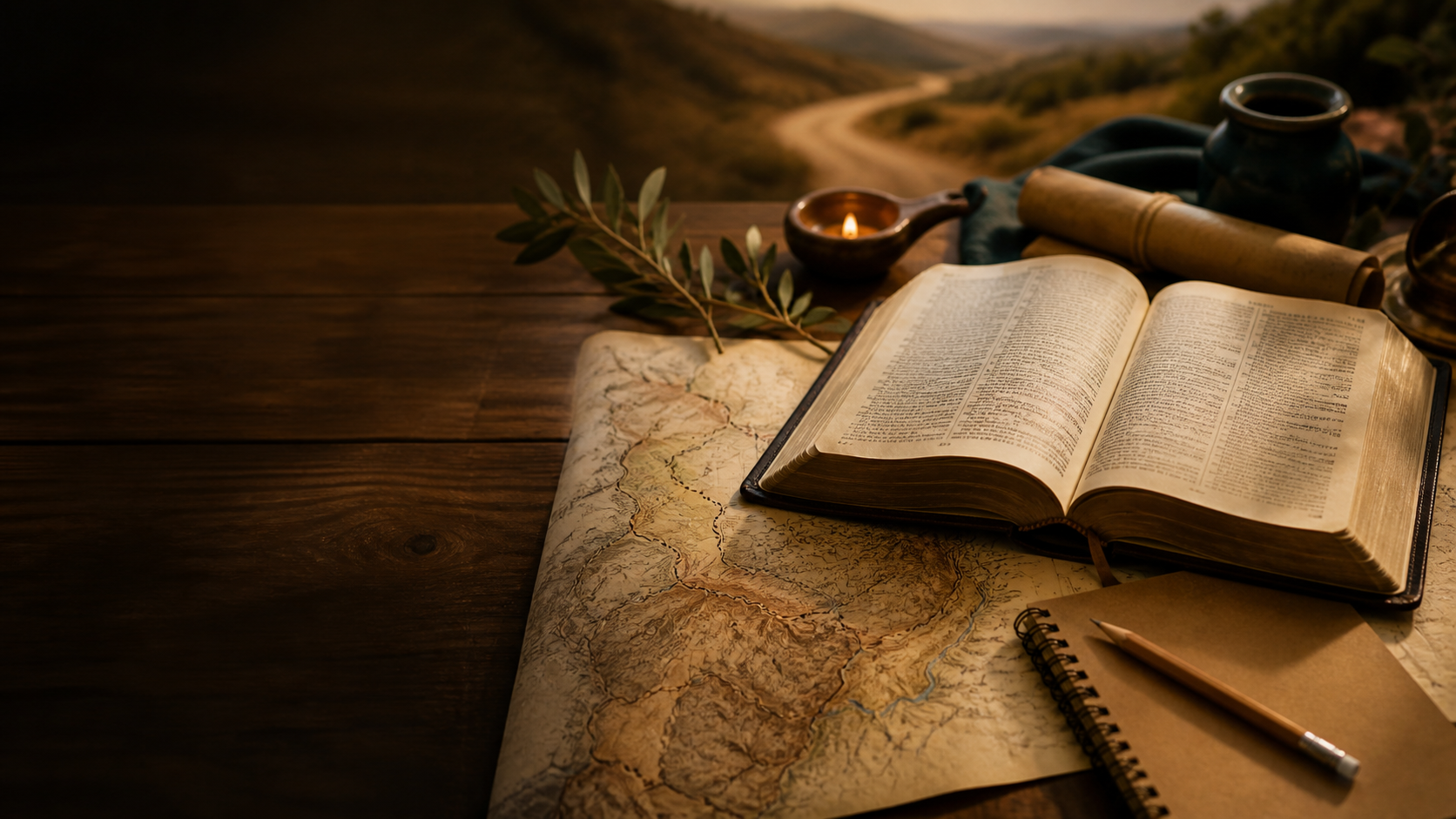 An open Bible on an antique map beside a warm road winding through the Judean hills, suggesting careful Scripture study and the journey to Emmaus.