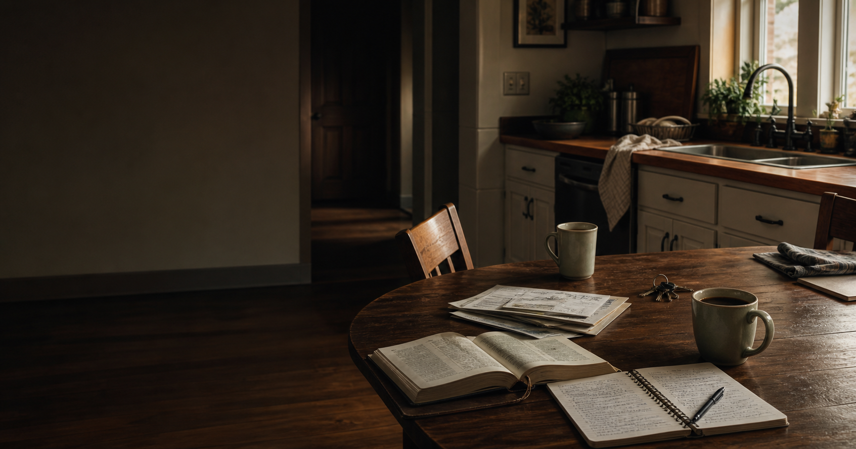 An open Bible, notebook, household bills, keys, and two coffee mugs in a quiet lived-in kitchen at dawn