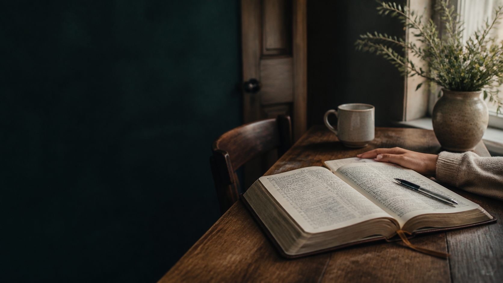 An open Bible, handwritten notes, and a calm hand at a warm wooden table beside a softly closed door