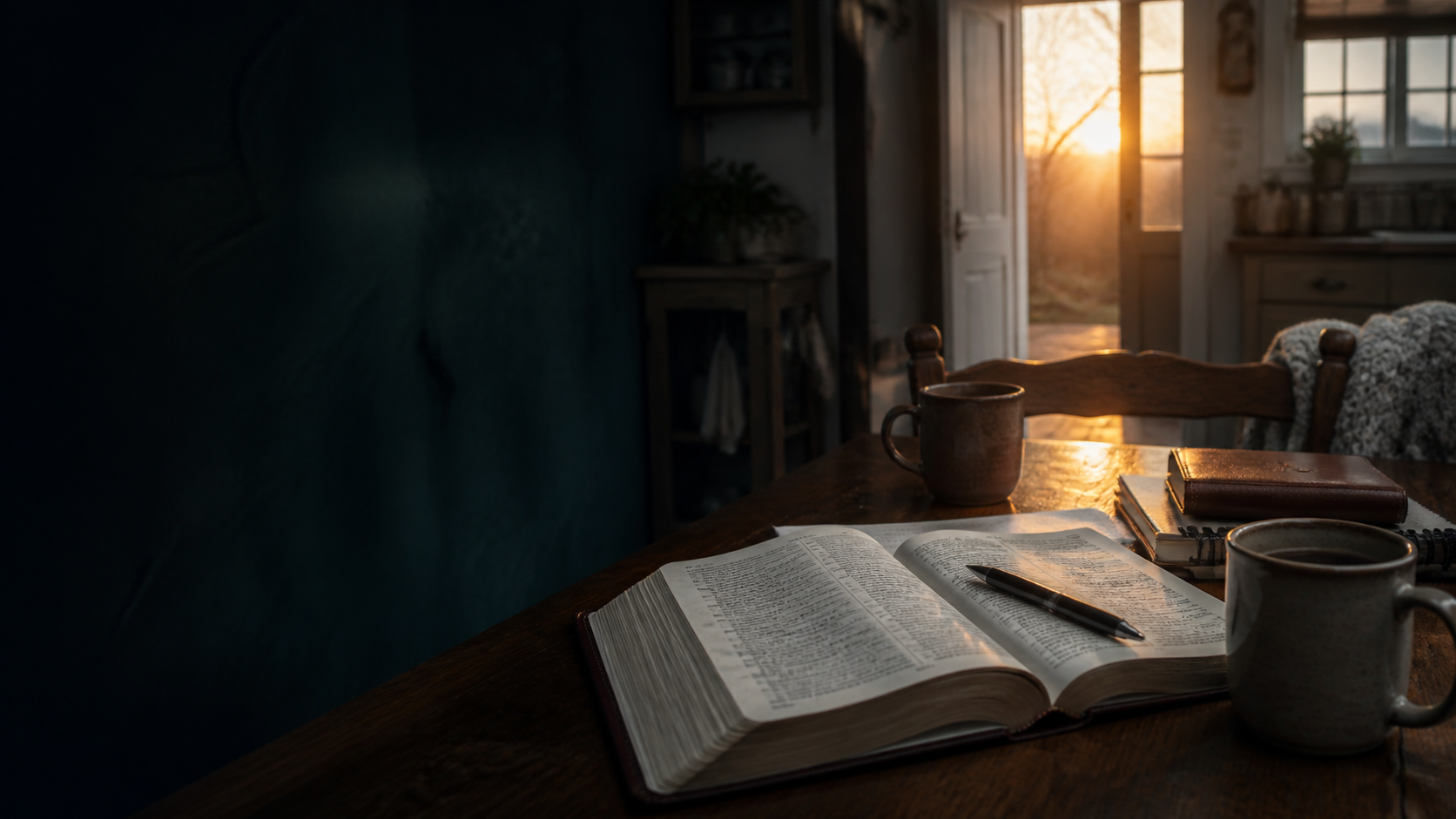 An open Bible, handwritten notes, and two coffee mugs on a warm kitchen table in quiet dawn light