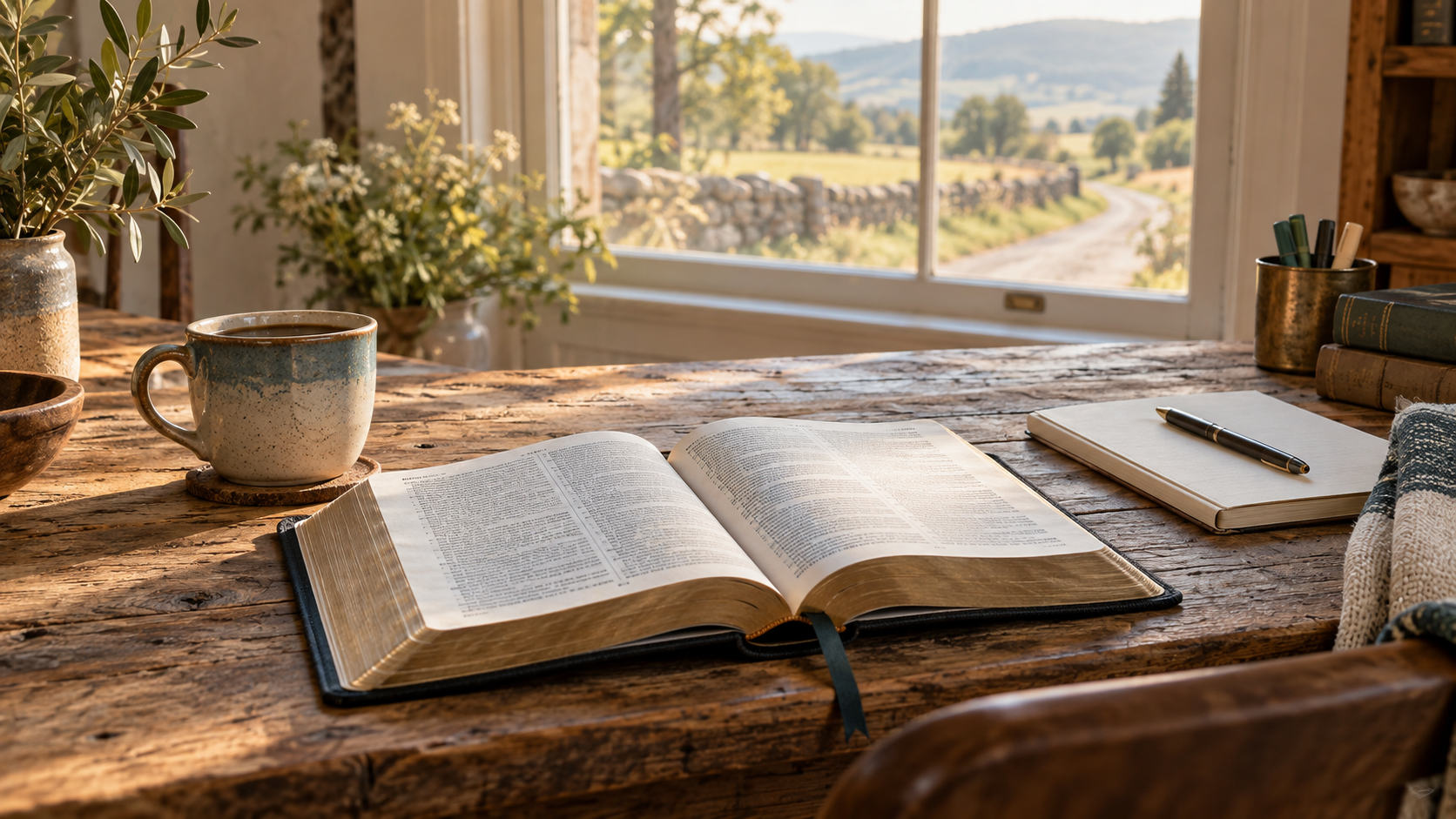 An open Bible, notebook, coffee, reading markers, and a country road beyond a window in warm natural light