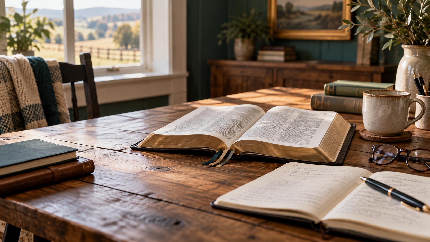 An open Bible, notebook, pen, coffee, reading glasses, and page markers on a warm farmhouse table in soft natural light