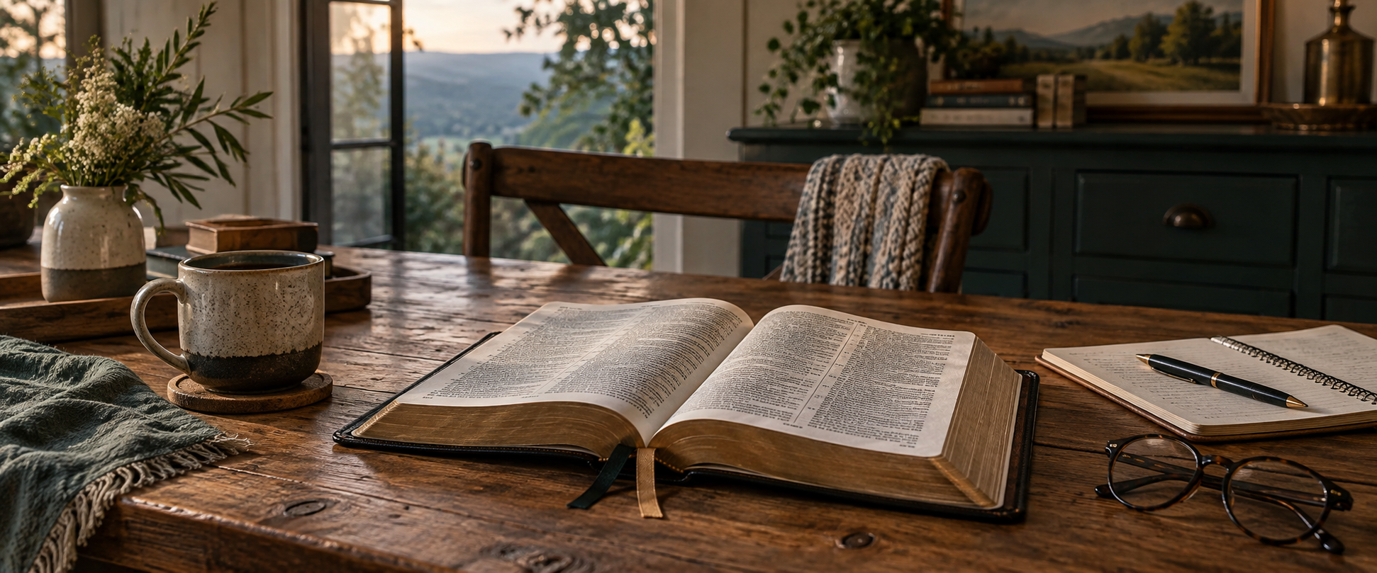 An open Bible, coffee, notebook, and study materials on a Tennessee farmhouse table
