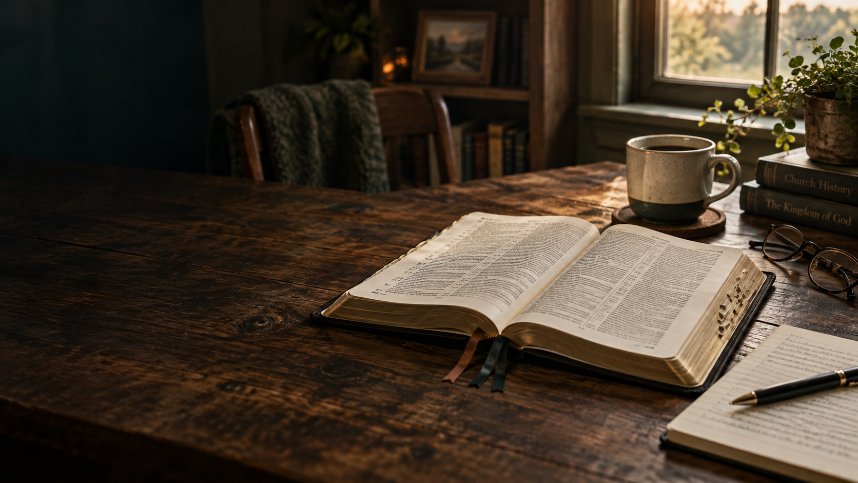 An open Bible, notebook, pen, coffee, reading glasses, and page markers on a warm farmhouse table in soft natural light