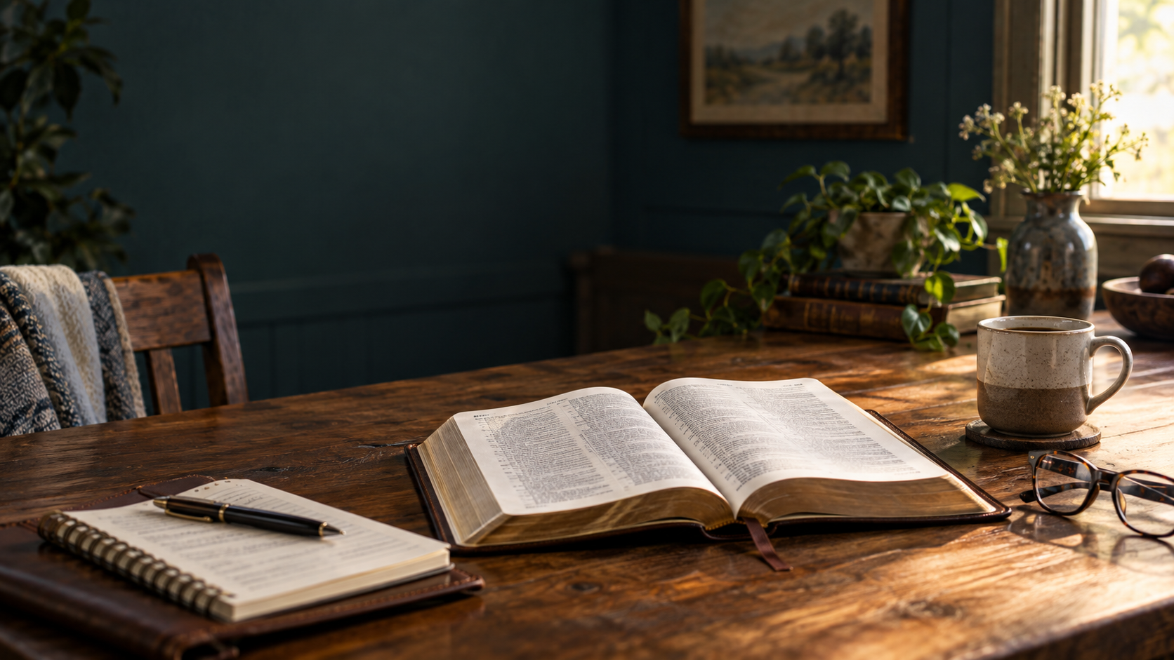 An open Bible and study materials on a warm wooden table