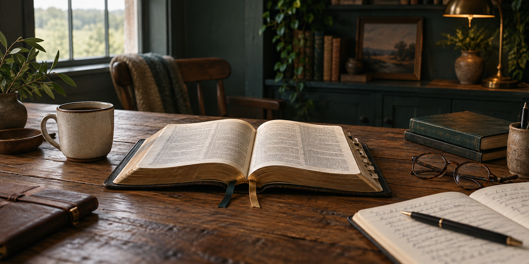 An open Bible, coffee, study notebook, pen, reading glasses, language resources, and page markers on a warm Tennessee farmhouse table