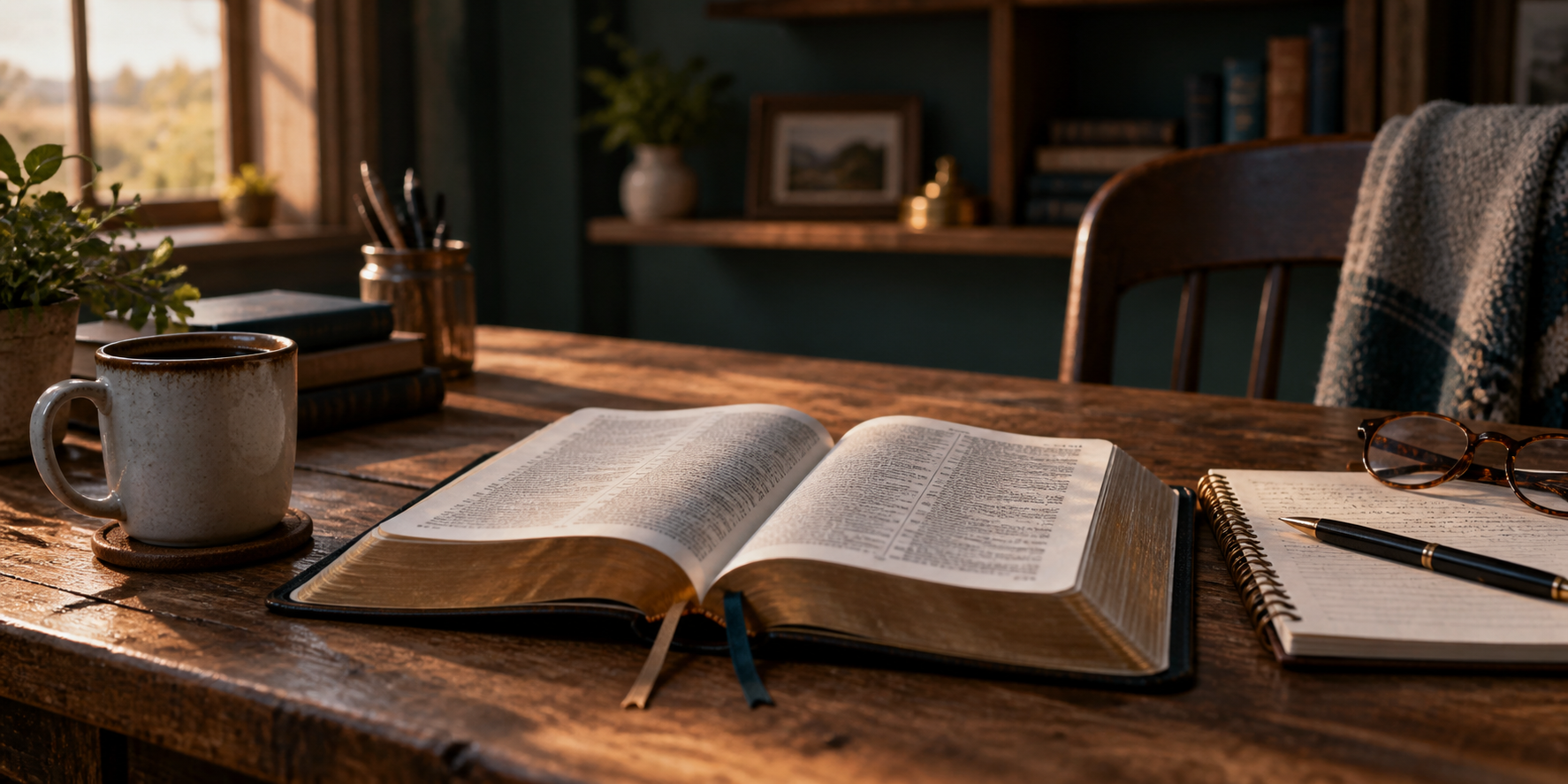 An open Bible, coffee, notebook, pen, reading glasses, and page markers on a warm Tennessee farmhouse table