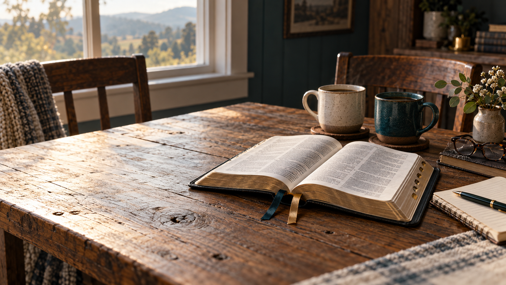 An open Bible, notebook, pen, coffee, reading glasses, and page markers on a warm farmhouse table in soft natural light