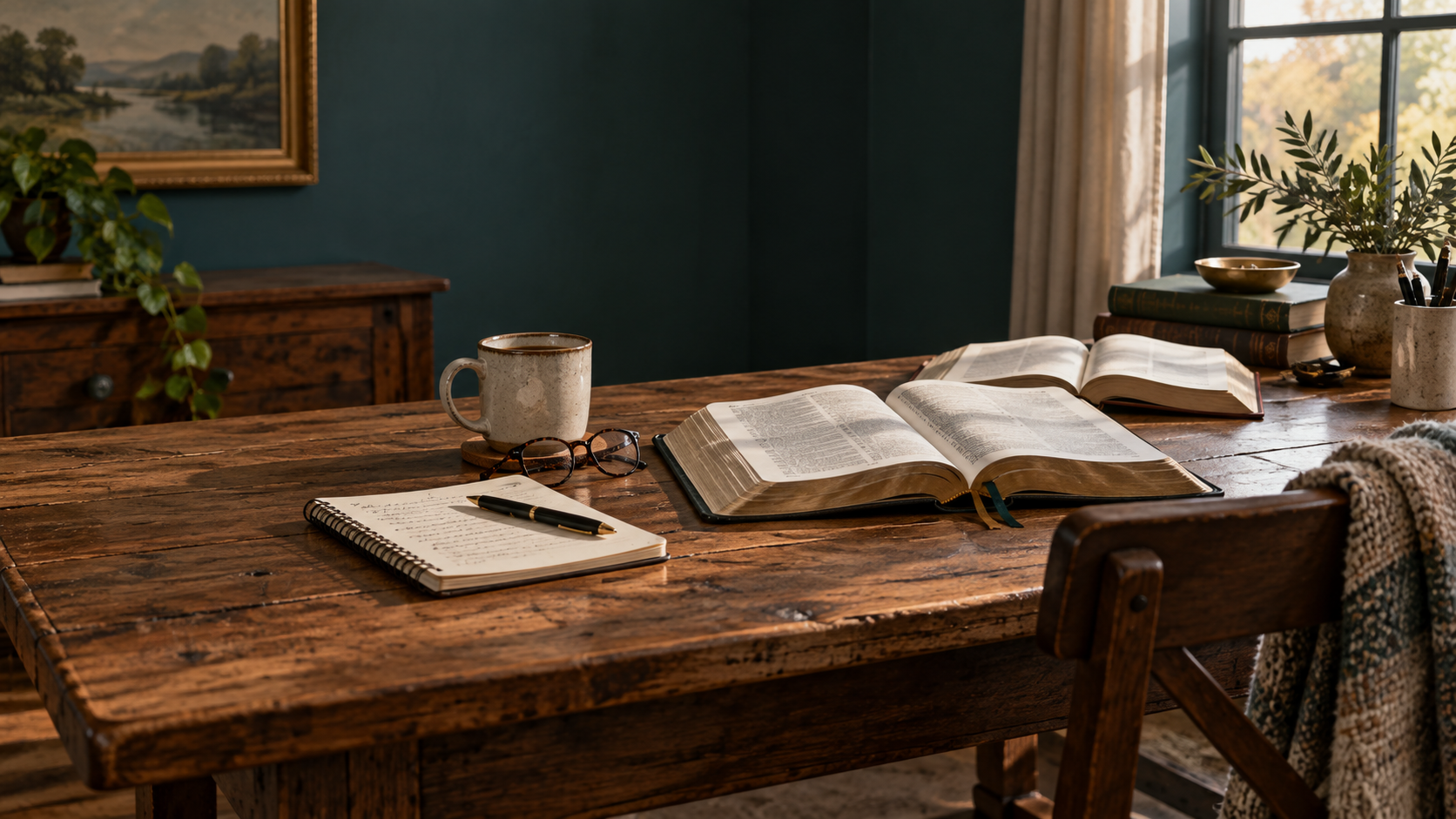 An open Bible and study materials on a warm wooden table