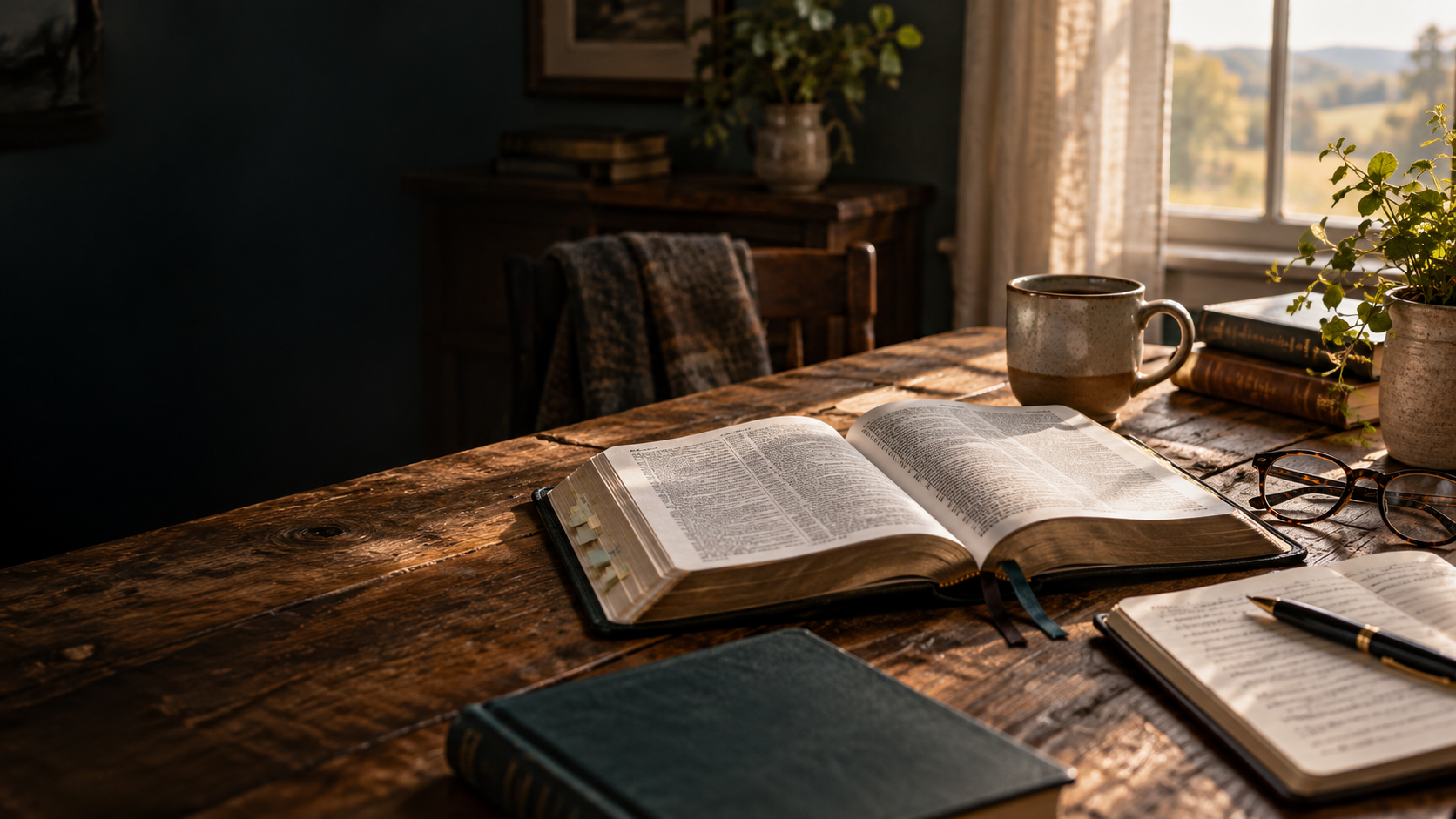 An open Bible and study materials on a warm wooden table
