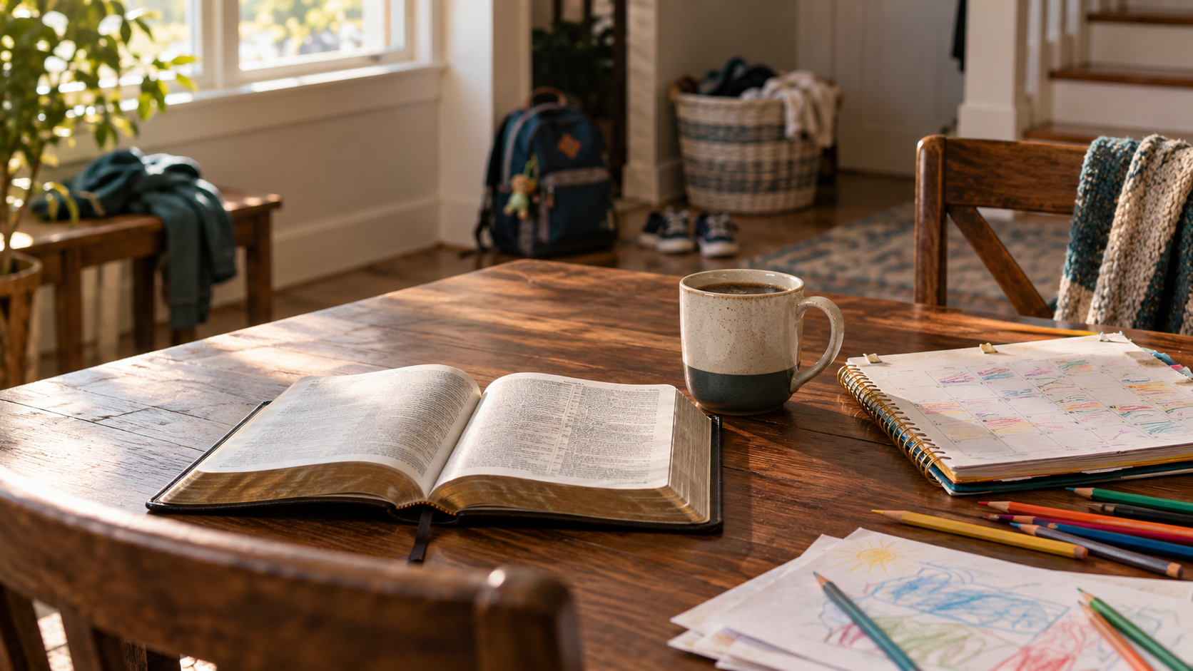 An open Bible, coffee, a crowded planner, school papers, pencils, a backpack, children’s shoes, and a laundry basket in a warm family room
