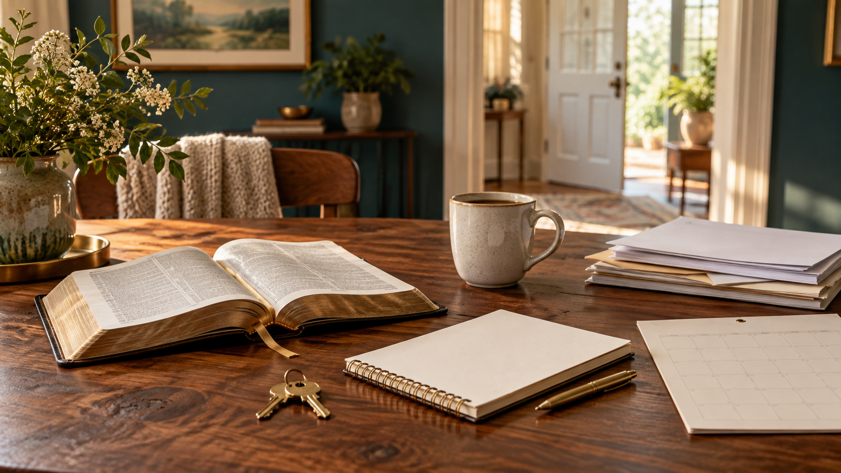 An open Bible, coffee, household keys, a notebook, and practical papers beside a sunlit open doorway