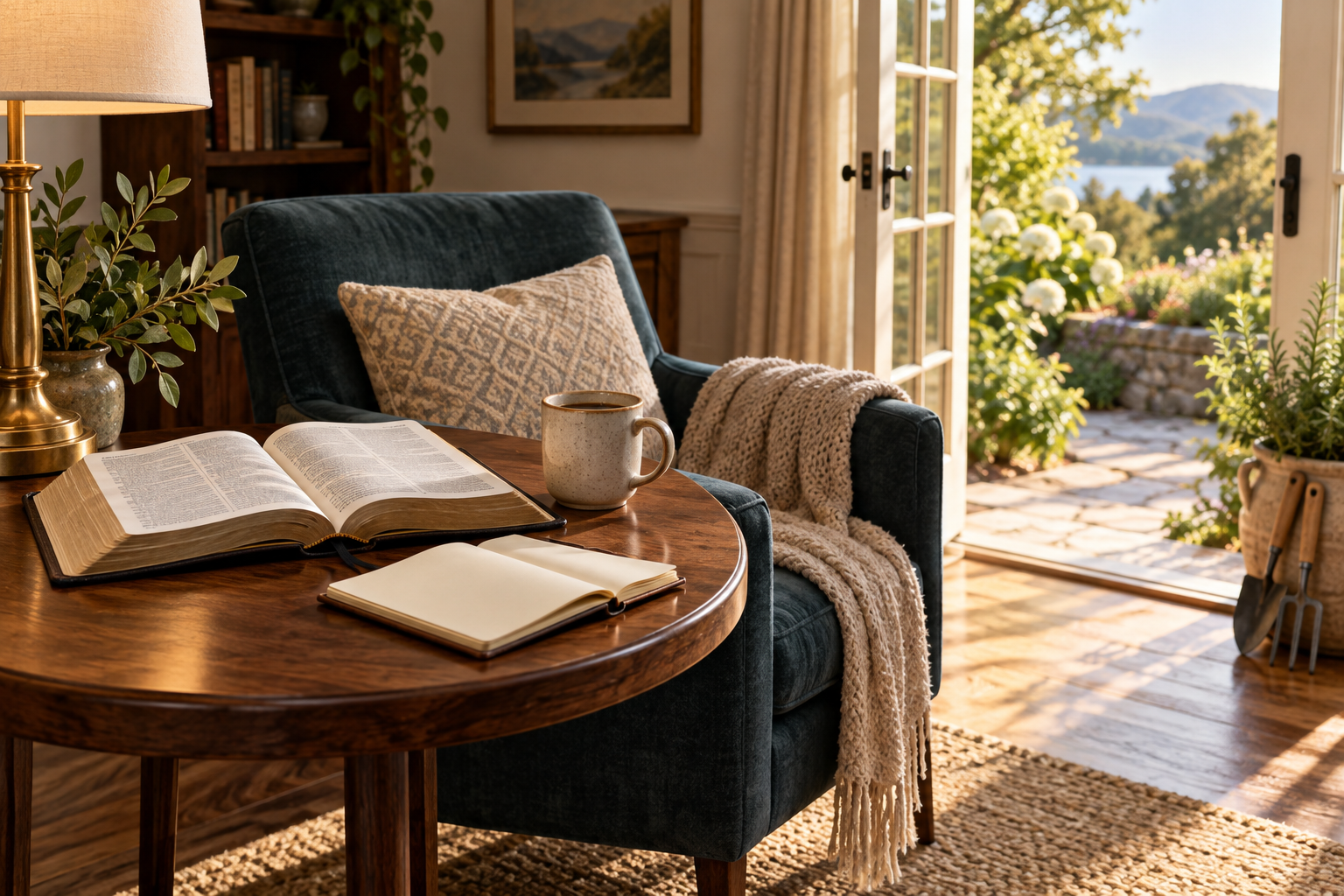An open Bible, coffee, a notebook, and garden tools beside an inviting empty chair in a warm, sunlit home