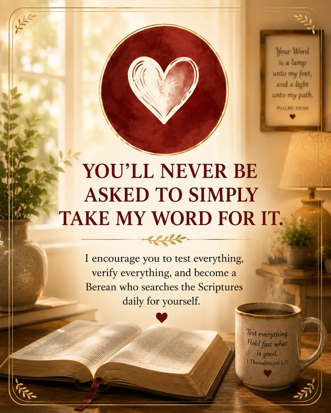 You'll never be asked to simply take my word for it. Verify everything and search the Scriptures daily.