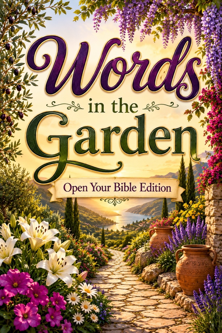 Words in the Garden printable Scripture coloring book cover.
