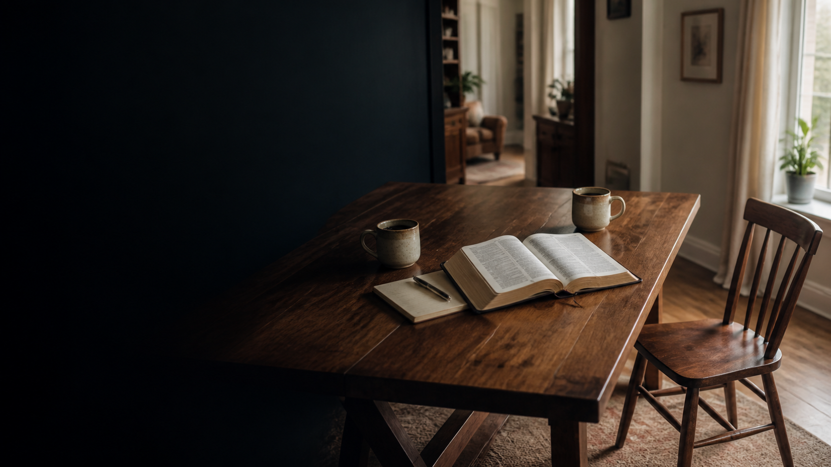 An open Bible and two coffee mugs on a warm wood table beside a chair pulled out in welcome