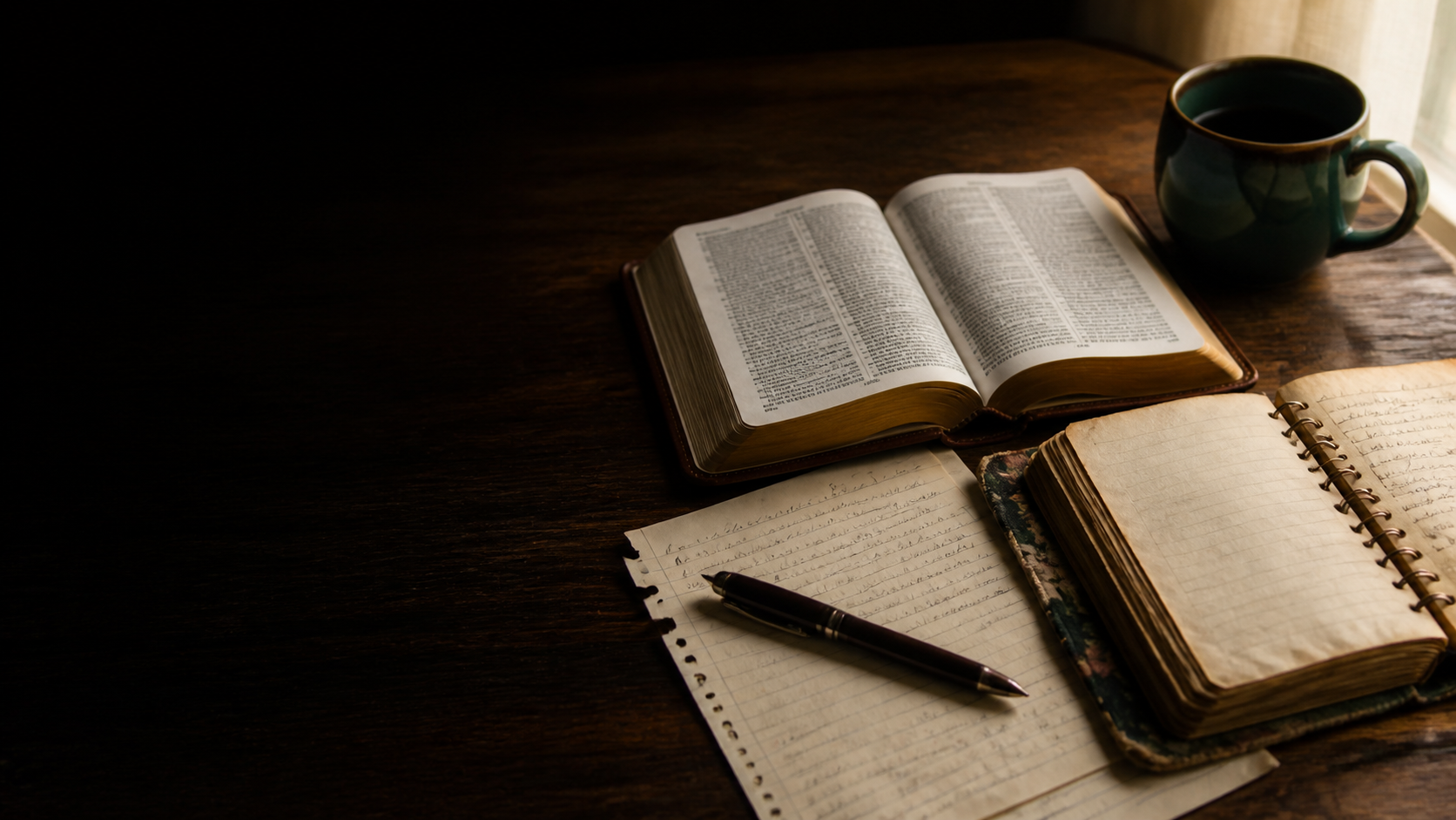 An open Bible beside a well-used notebook and coffee on a warmly lit study table