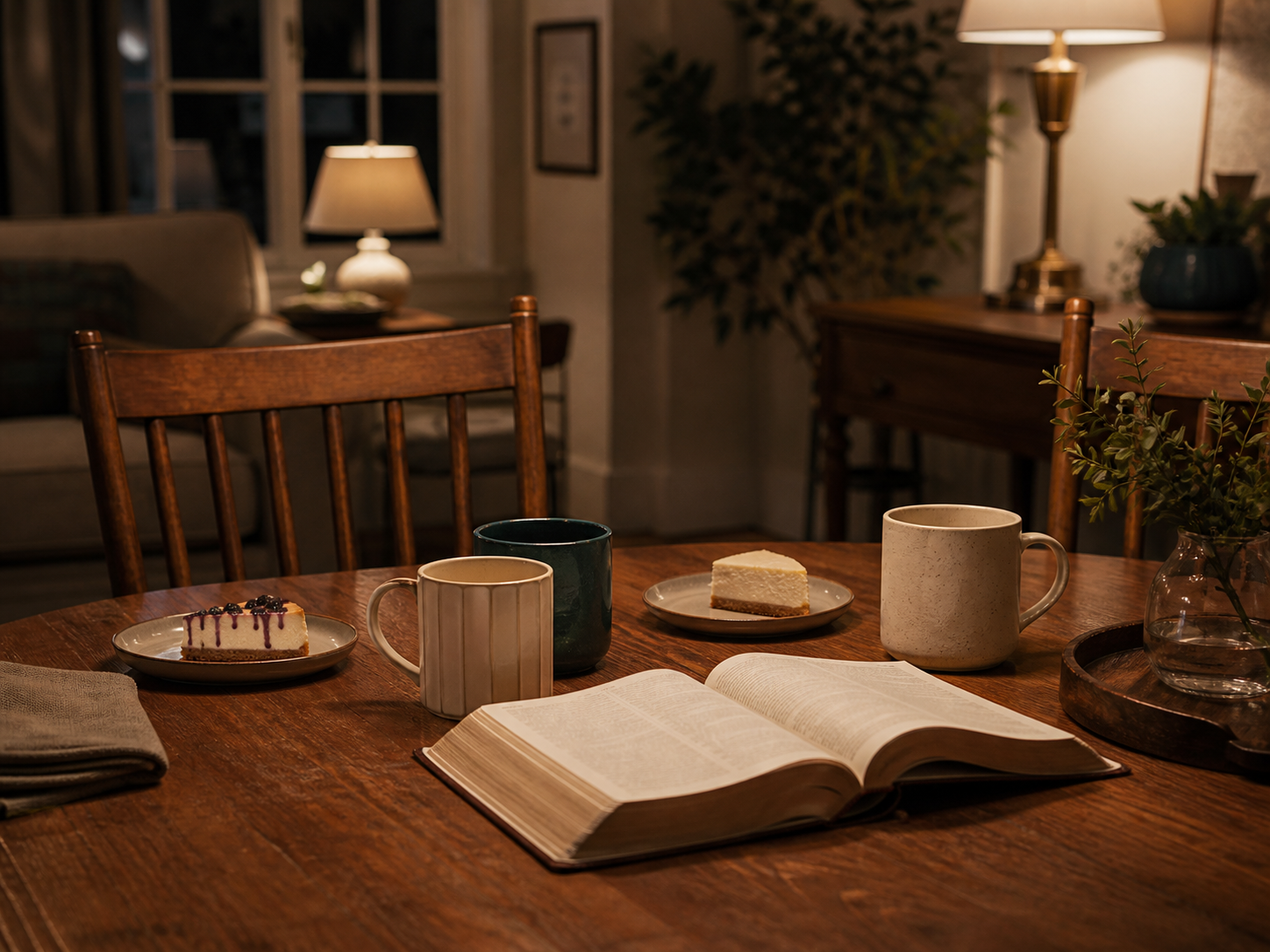 An open Bible with three coffee mugs and cheesecake at a warm wood table surrounded by gathered chairs in evening light