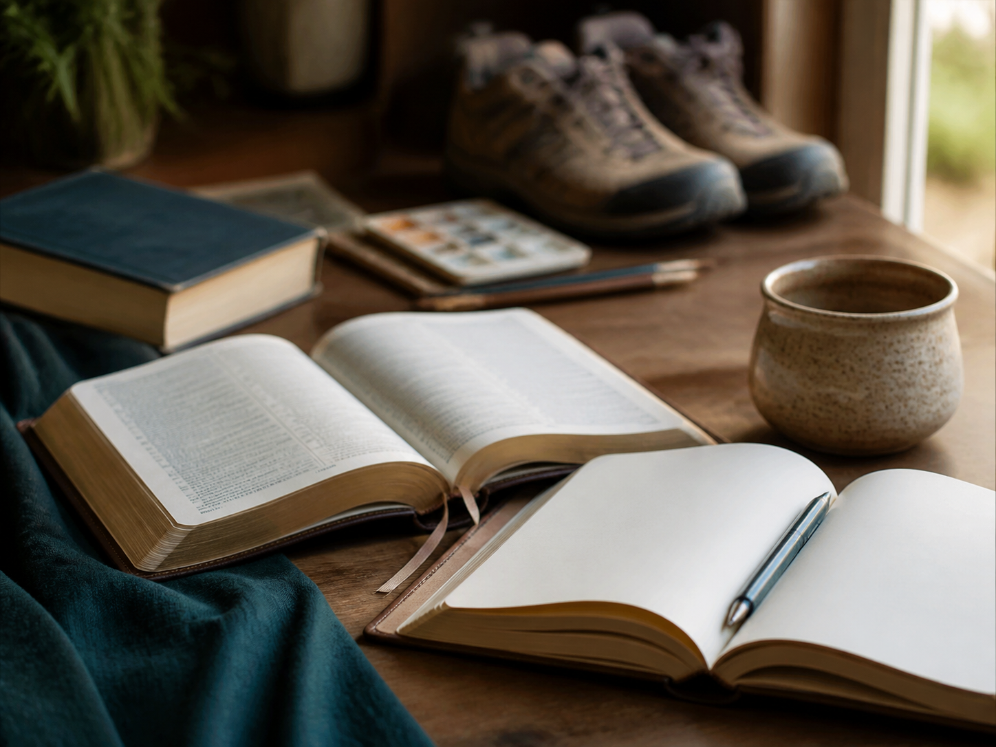 An open Bible beside a personal journal, coffee, art supplies, a novel, and walking shoes on a warm wood table